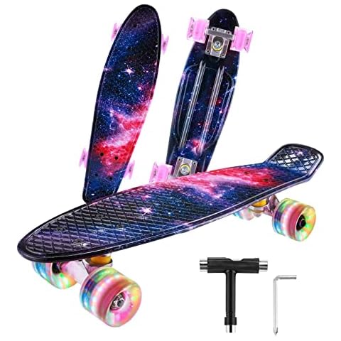 CAROMA Cruiser Skateboard, 22Inch/56cm Skateboard for Kids, Skateboard with LED Light Up Wheels, Mini Cruiser Skateboard for Girl Boy Adults and Balance Training (Pink Universe) Cover