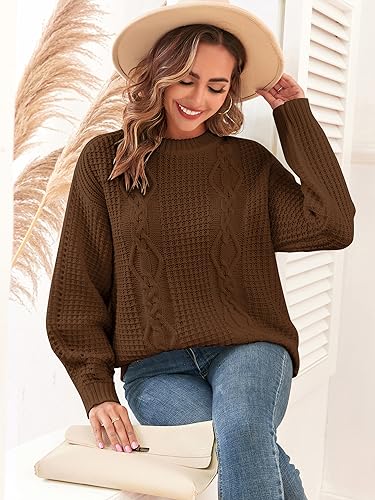 Image of ZAFUL Womens Sweater Cable Knit Oversized Sweaters Crewneck Long Sleeves Casual Knit Pullover Tops