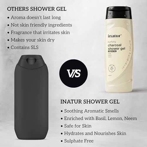Image of inatur Charcoal Shower Gel | Detoxifying Body Wash | Deep Cleansing & Purifying | Sulfate-Free & Natural | With Basil, Neem & Lemon | Ideal for All Skin Types | Refreshing & Hydrating | 400ml