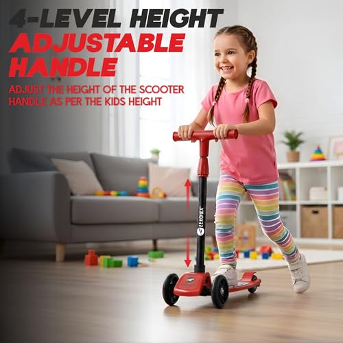 Image of Konex Kick Scooter for Kids (2+ Years) | 3 Broad Rubber Wheels for Smooth Ride | 4-Level Height Adjustable Handle | Foldable & Portable with Back Brake | Holds Up to 40 kg (Red-Black)