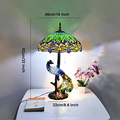 Peacock Tiffany Style Stained Glass Table Lamp, Vintage Handmade Decorative Desk Lamp Pull Cord Switch Reading Lamp For Living Room, Bedroom, Wedding Room, Villa,Greendragonfly #TOP3
