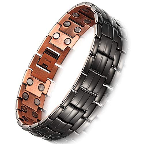 RainSo Mens Matt Gun Black Copper Double Row Magnetic Therapy Bracelets for Arthritis Wristband Adjustable (Gun Black)