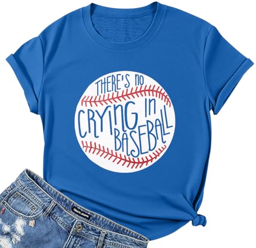 FAYALEQ Theres No Crying in Baseball T-Shirt Women Baseball Mom Graphic Tees Casual Short Sleeve Tops, Small, Blue