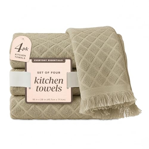 Image of Kitchen Towels, Set of 4 Hand Towels, Sage Taupe Diamond Pattern Drying Towels 18 x 28 Super Absorbent Cotton Hand Cloths with Fringed Edges, Everyday Essentials Kitchen Linens