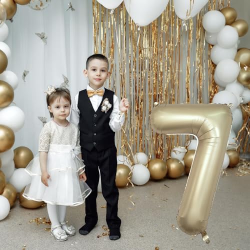 Image of 40 Inch Balloon Number 7 Metallic Gold, Large Mylar Foil Light Gold Number Seven Balloons for Girls Women, Champagne Gold Globos de Numero 7 Helium Balloons for Boys Men 7th Birthday Party Decorations