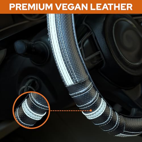 Image of CONTINENTAL [DuraGrip] Classic D-Shape Car Steering Wheel Cover Build with Premium Vegan Leather Anti Slip Natural Rubber (Black & Grey).