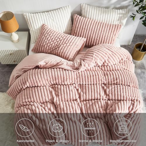 Winter Plüsch Bettwäsche 200x220 Rosa Warme Flauschig Flanell Kunstfell – Ansicht 4