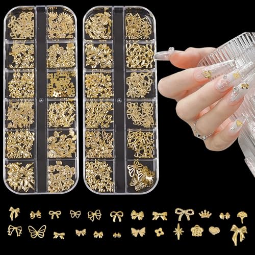 NICENEEDED 2 Boxes 3D Gold Nail Charms, Assorted Bow Bowknot Heart Star Alloy Nail Studs, Metal Shiny Nail Jewelry for Nails