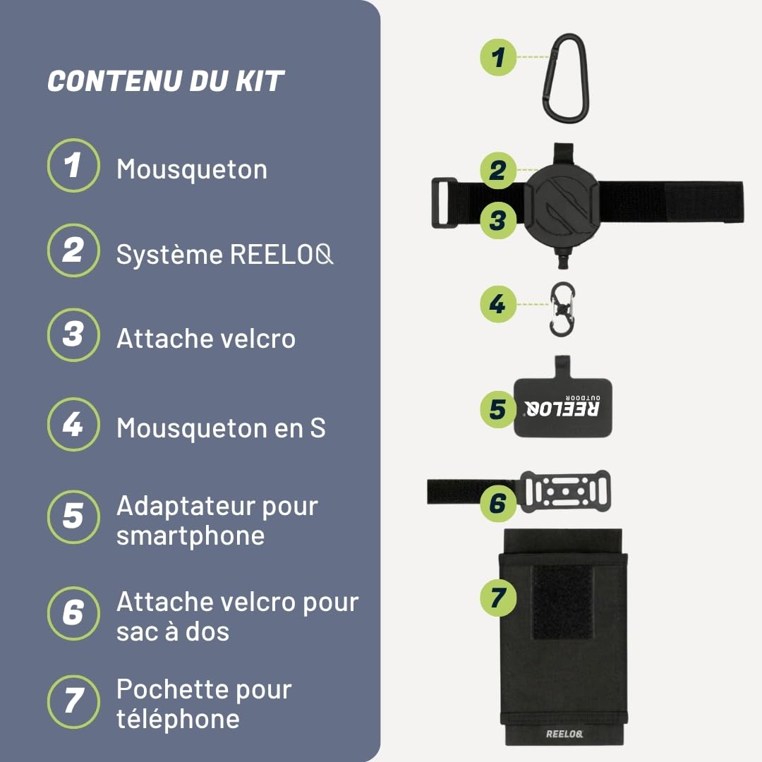 REELOQ Protection Pro pour Smartphone, avec Sac à Dos pour téléphone Portable et câble de sécurité Enroulable pour téléphone Portable, Noir, Version Sangle, Noir, Version Sangle