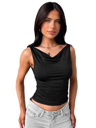 Sukiglam Débardeur Femme Crop Tops Été Débardeurs sans Manches à Col Bénitier Haut Chic Et Élégant Camisole Sexy Dos Nu Chemise Élasticité Plissé Slim Fit Y2K Gilet Tendance Top de Fête Streewear