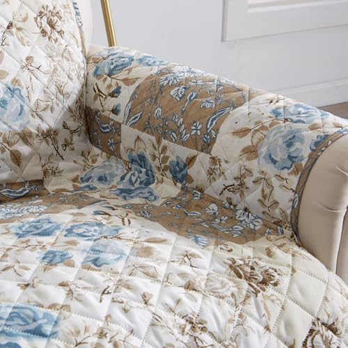 Image of Great Bay Home Reversible Floral Patchwork Recliner Furniture Protector - Machine Washable, Scalloped Edge, Stain Resistant, Printed Furniture Cover for Dogs, Kids, and Pets (Taupe /Blue)