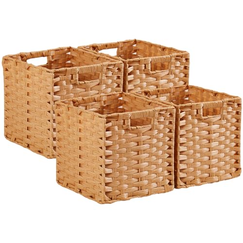 Mangata Lot de 4 Cubes de Rangement en Imitation Rotin 28 x 28 x 28 cm, Paniers Décoratifs avec Poignée, Pliables, Imperméables, Anti-moisissure, pour...