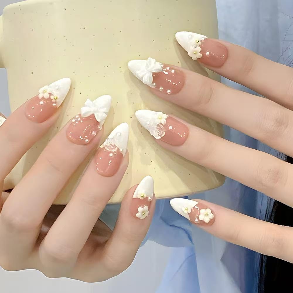 3D Press on Nails French Tip Mediun-Almend Shapes 24Pcs Glossy Full Cover Artificial Fake Nails, Camellia Pearls And Bowknot Charm Design, Reusable