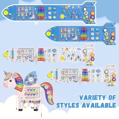 Image of Spacocld Rocket Activity Wall Busy Board Panels - Sensory Wall Panel for Kids, Montessori Toddler Wall Activity Board, Wall Toys for Toddlers 3, Activity Cube, Wooden Multi-Activity Boards, Blue(5PCS)