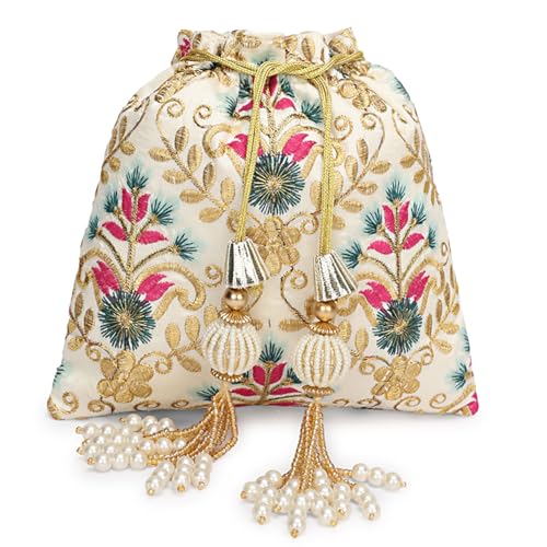 Image of LONGING TO BUY Indian Embroidered Pearl Potli Bag For Women, Sequence Design with Tassel, Wedding Potli Bags