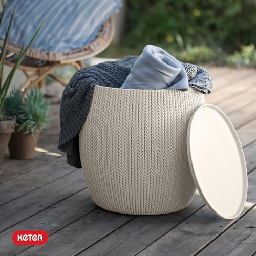 Image of KETER Urban Knit Pouf Ottoman Set of 2 with Storage Table for Patio and Room Decor-Perfect for Balcony, Deck, and Outdoor Seating, Cream & Taupe