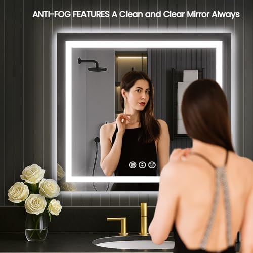 Image of LOAAO 30 inchX30 inch LED Mirror for Bathroom, Lighted Bathroom Mirror with Lights, Anti-Fog, Dimmable, Memory Function, Clear Reflection