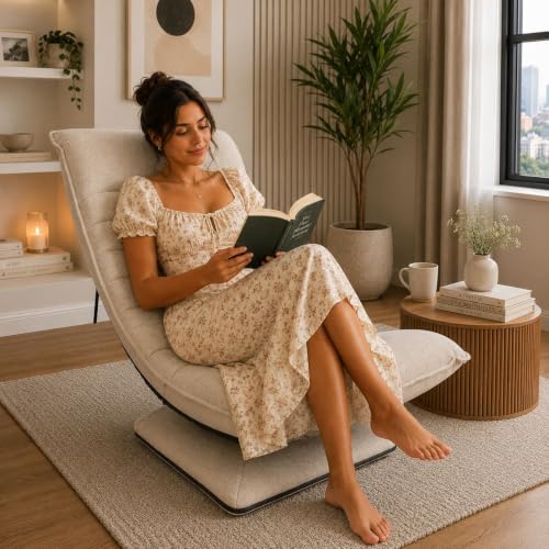 Image of Kawachi Folding Swivel Nirvana Moon Chair Leisure Lounge Sofa 360 Degree Rotation Adjustable Recliner Bedroom Floor Chair (Beige)