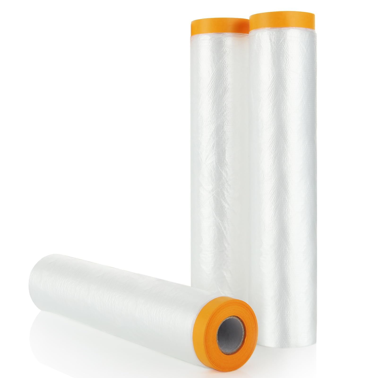 3 Rolls Plastic Dust Sheets for Decorating, 4m x 20m Waterproof Masking Film Rolls, Pre-Taped Plastic Drop Film for Painting Furniture Covering