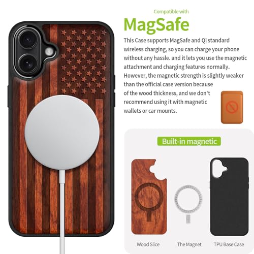 Image of Carveit Wood Case for iPhone 16 Plus, The Classic American Flag, Rosy | Magnetic iPhone 16 Plus Case Compatible with MagSafe Wireless Chargers, Engraved Wood with Soft TPU Shockproof Bumper