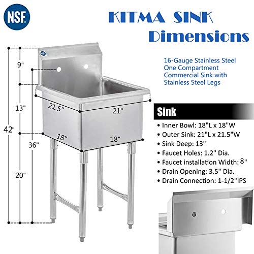 Commercial Compartment Sink - KITMA Stainless Steel Kitchen Prep & Utility Sink - NSF Certified - Bowl Size 18‘’ ×18'' ×13''