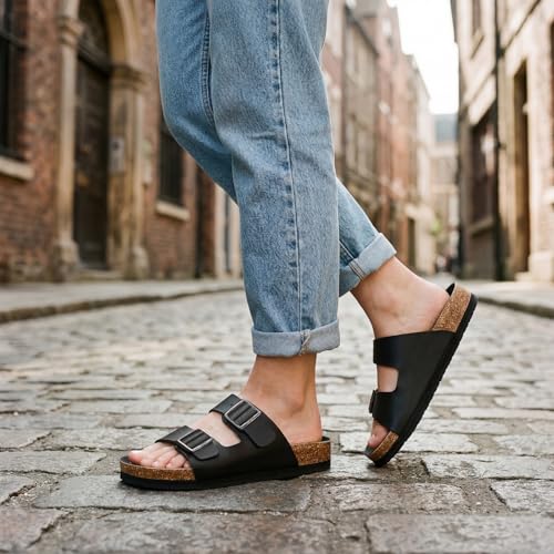 Image of ZURIN Genuine Leather Sandals for Women,Cork Footbed Slide Platform Sandals with Arch Support, Suede Double Buckle Slip On Slides for Summer Beach Walking Indoor Outdoor