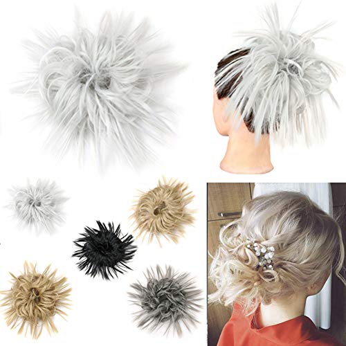 MayShow Tousled Synthetic Updo Hair Bun Pieces Natural Ponytail Hairpieces Elastic Rubber Hair Curly Hair Scrunchies (Silver Mist Gray)