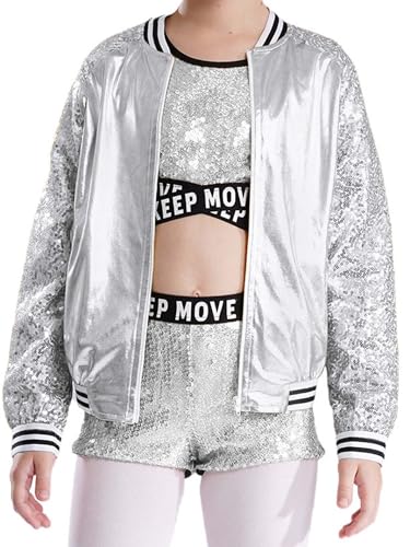 Kids Girls Metallic Sequins Baseball Jacket Long Sleeve Zipper Coat Outerwear for Hip Hop Performance