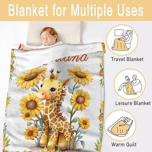 Custom Baby Sunflower Giraffe Blankets Personalized Gift for Girl/Boy for Couch Sofa Bed Bedroom Living Room Lightweight Throw Blanket (40''x50'' for Kids/Children)