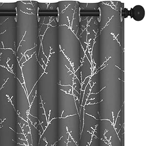 Deconovo Blackout Curtains 72 Drop Pair, Grey Thermal Curtains Eyelet, Tree Branches Printed Curtains for Living Room, 46 x 72 Inch (Width x Length), 2 Panels