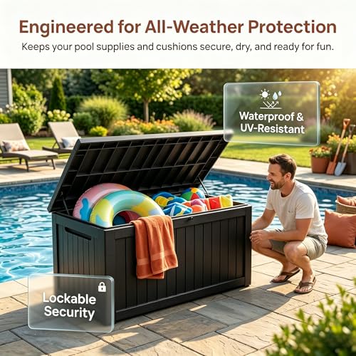Image of Large 258 Gallon Resin Deck Box, Heavy Duty Lockable Patio Storage Box Outdoor, Waterproof Tool Box for Garden Furniture Cushions & Pool Supplies, Wood Grain Outdoor Storage Bench for Backyard