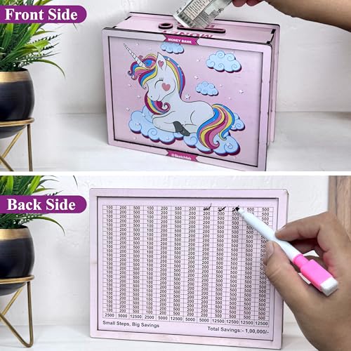 Image of Sketchfab Money Saving Box for Adult 100000, Wooden with Savings Tracker Bank Kids, Smart Piggy Bank, Box, Coin Box,Gullak Saver,Piggy Rs100000 Home Deal Gift Man, Women (Unicorn)