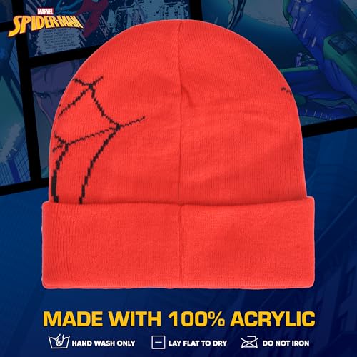Marvel Spider-Man Beanie Hat, Web Design Winter Knit Cap with Cuff, Red, One Size