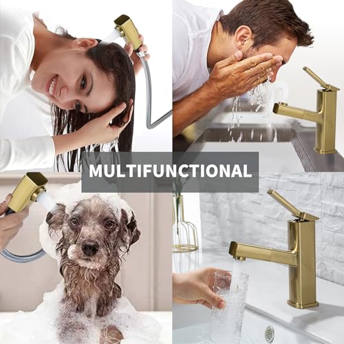 KAIYING Bathroom Sink Faucet with Pull Out Sprayer, Single Handle Basin Mixer Tap for Hot and Cold Water, Lavatory Pull Down Vessel Sink Faucet with Rotating Spout (Regular,Brushed Champagne Gold) - Thumbnail 2