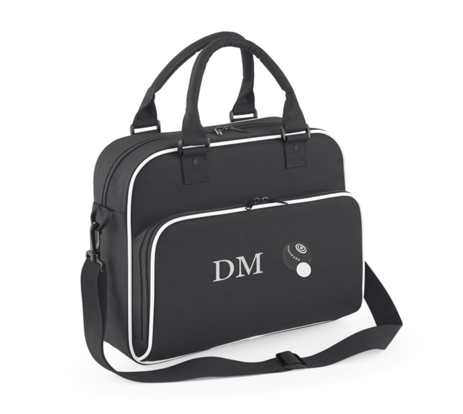 Personalised Crown Green Bowls Bag. Embroidered Initials & Motif 15L for Bowls and Equipment Black/White