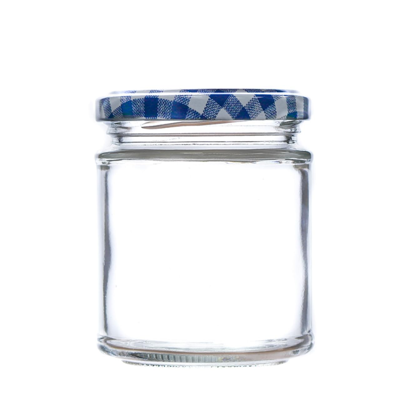 Wares of Knutsford 12 x 190ml (8oz) Glass Jam Jars with Lids – Straight Sided Preserving Jars for Jam, Honey, Chutney, Marmalade & Crafts (Blue Gingham Lids)