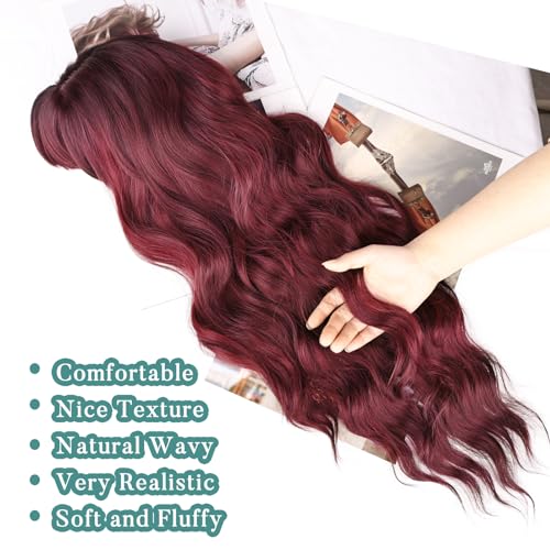 Image of NAYOO Wine Red Wigs with Bangs for Women,24 Inch Wavy Synthetic Wig | Natural Looking,Beginner Friendly,Heat Resistant Fiber,Ideal for Daily Wear,Parties & Halloween