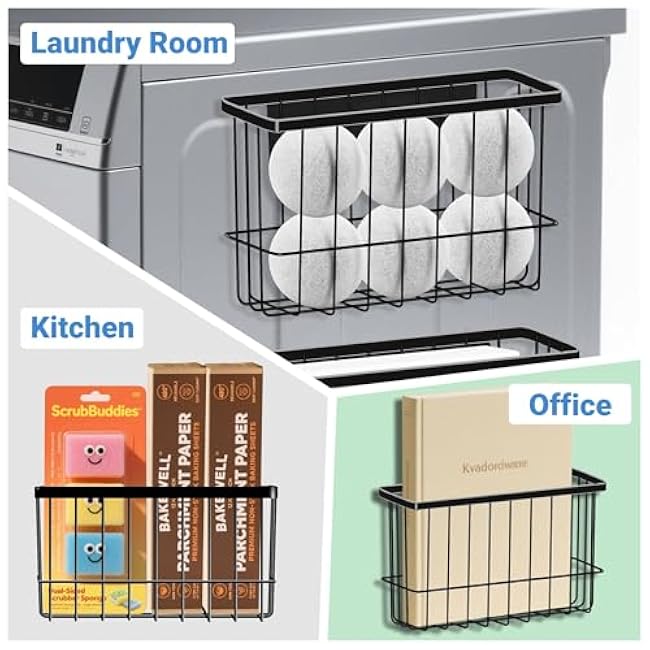 Magnetic Metal Basket Organizer for Fridge - 2 Pack Magnetic Dryer Ball Holder Lint Bin Shelf Storage Container for Laundry Room Refrigerator Black