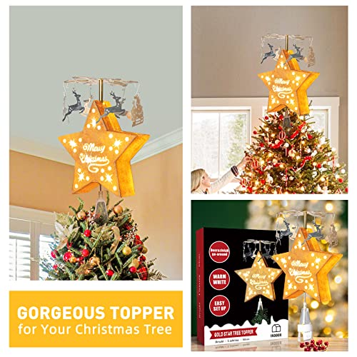 Peiduo Animated Christmas Tree Topper Gold Star Tree Topper With Rotary Sleigh Reindeer Patents For Xmas Tree Topper Decoration #TOP5