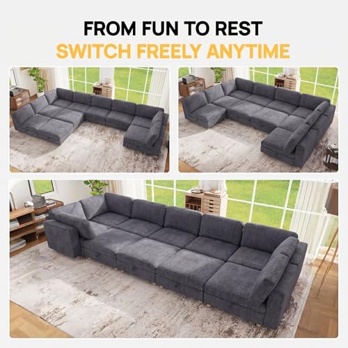 Image of 157 inch Modular Sectional Sleeper Sofa, 10 Seaters Chenille Modular Sectional Sofas, Sleeper Sofa Bed with Storage & Ottoman, Sleeper Couch with Removable Covers, Grey Sectional Couches for Living Room