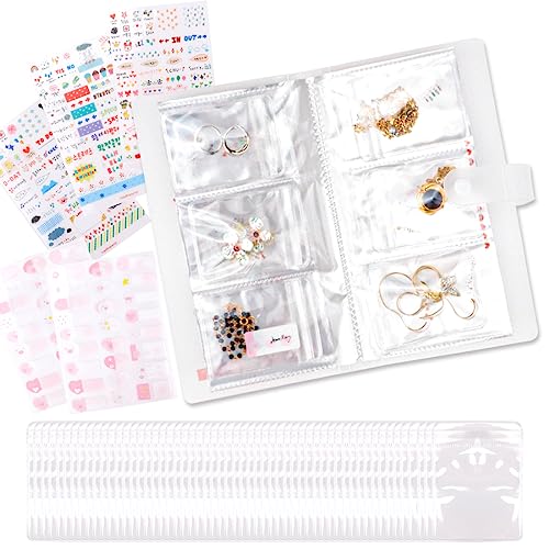 LZYMSZ Libro Transparente para Guardar Joyas, 84 Ranuras para Tarjetas, Libro Organizador de Joyas con 50 Bolsas Ziplock y Pegatinas DIY, álbum Expositor Collares Anillos de PVC anti-oxidación