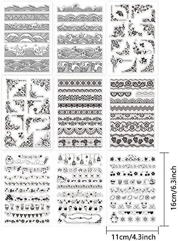 GLOBLELAND 9Pcs Lace Clear Stamps Waves Silicone Stamp Seal Transparent Silicone Stamps for Card Making Journal Decoration and DIY Scrapbooking