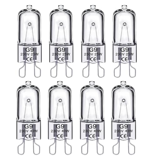 TaimeiMao 8 Stück G9 Halogenlampen G9 Halogen Leuchtmittel 25W 230V und 40W 230V Dimmbare Halogen Glühbirnen für Backofenlampe Mikrowellen Herd Deckenleuchten Warmweiß Nicht Flimmern