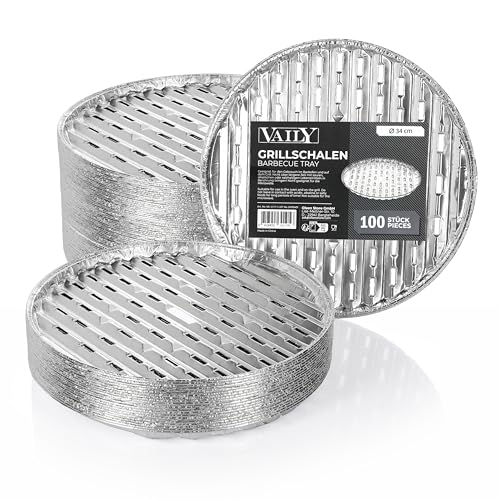 Vaily Alu Grillschalen Grillpfanne Rund 20er Pack - Tropfschale für BBQ, Camping und Küche - Aluschale für weniger Fett und Schmutz - Ø 34 cm