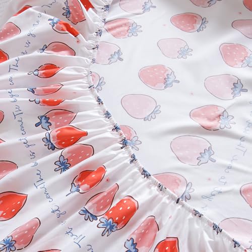 Image of NATURETY Bedding Fitted Sheet with Deep Pocket,Cute Fruit Printed Fabric Bed Sheets (Pink Strawberry, Twin)