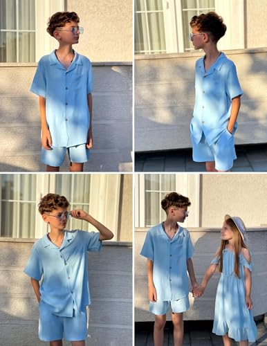 Image of Arshiner Boys 2 Pieces Summer Beach Outfits Short Sleeve Button Down Shirts and Shorts Vacation Texture Sets for Kids