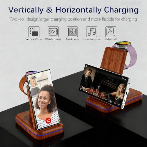 Image of Wireless Charging Station for Samsung /Android, Fast Wireless Watch Charger Station Compatible for Samsung Galaxy S26 Ultra /S25 /S24+ /Z Flip 7 /6 Fold 7 /6, Watch8 /7 /Pro /Active 2 Galaxy Buds3 /2 Pro(Wood)