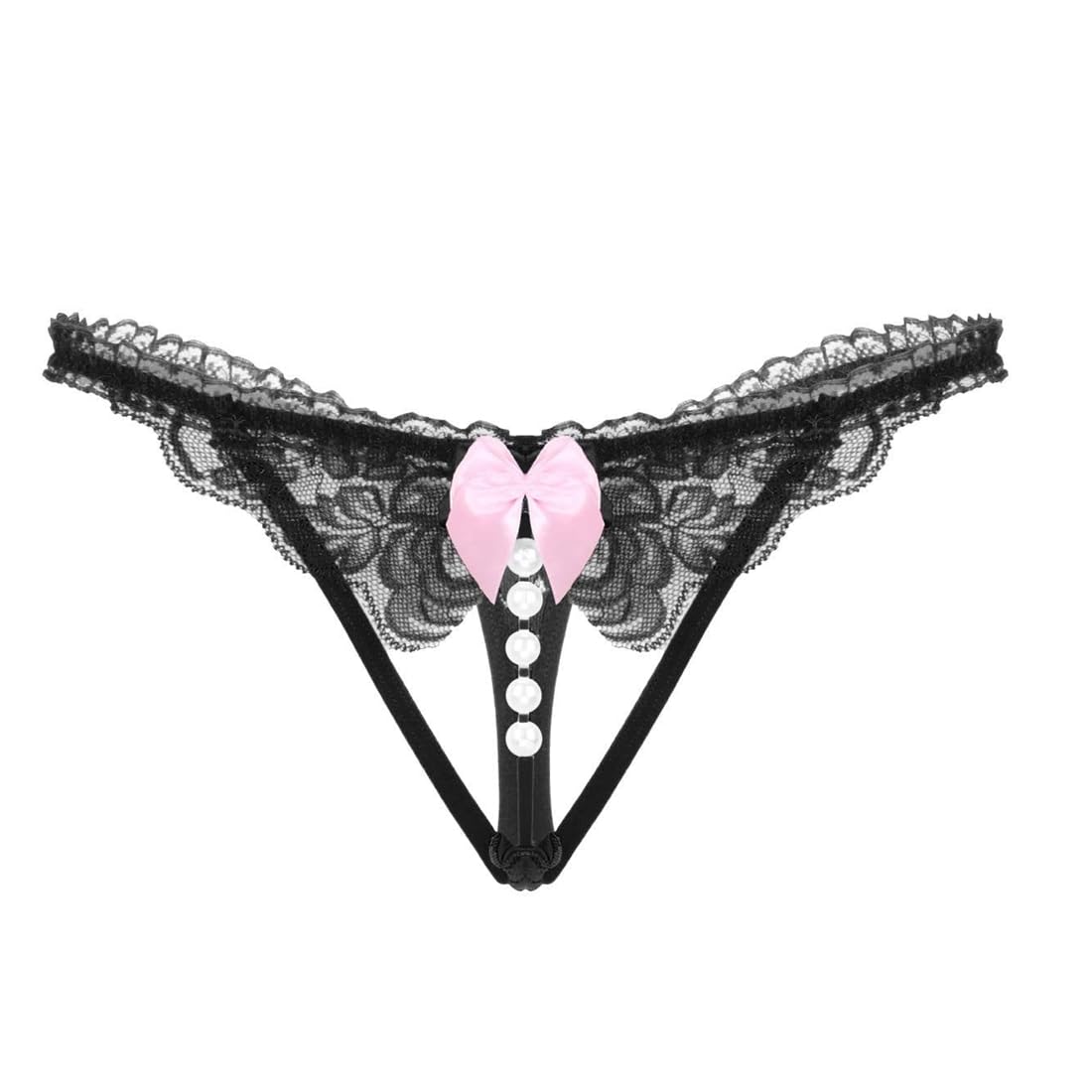 Womens Black Crotchless Lace Pearl Thong with Pink Bow Sexy Bridal Lingerie for Special Nights
