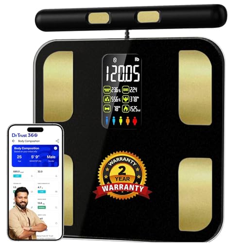 Dr Trust USA 8 Electrode Body Fat Analyzer& BMI Weight Machine Weighing Scale Sync With IOS/Anroid App, Rechargeable, 29 Essential Metrics Weighing Machine for Home Health Monitoring -527 (Black)