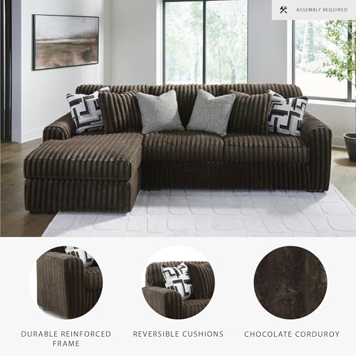 Image of Signature Design by Ashley Midnight-Madness Casual 2-Piece Sectional Sofa with Chaise and Reversible Seat Cushion, Accent Pillows Included, Soft Jumbo Corduroy, 92 inch W x 41 inch D x 40 inch H, Dark Brown